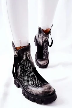 Damskie Maciejka Skórzane Botki Sztyblety Czarno-Białe 05137-21