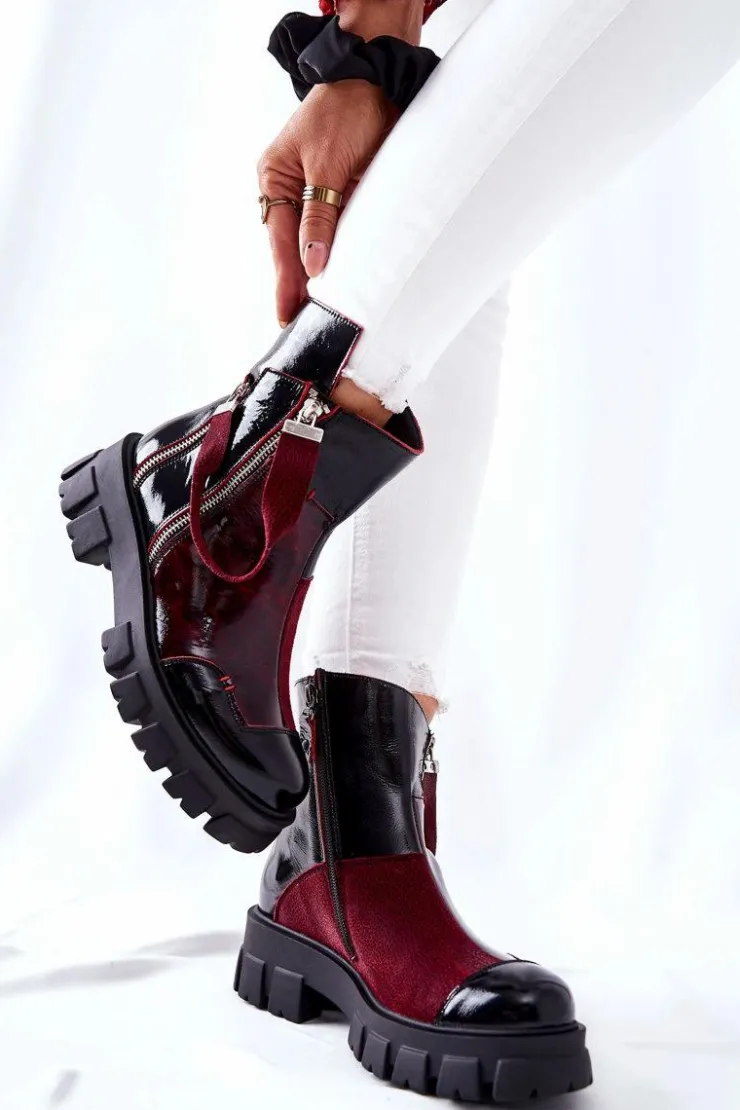 Maciejka Botki Maciejka|Czarne Botki*Skórzane Botki Sztyblety Czarno-Bordowe 05137-33