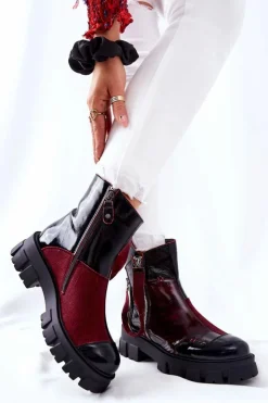 Maciejka Botki Maciejka|Czarne Botki*Skórzane Botki Sztyblety Czarno-Bordowe 05137-33