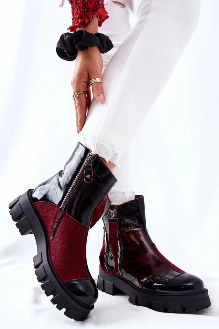 Maciejka Botki Maciejka|Czarne Botki*Skórzane Botki Sztyblety Czarno-Bordowe 05137-33