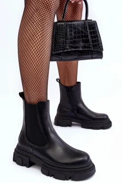 New Boto Skórzane Botki Sztyblety Na Płaskim Obcasie i Platformie Czarne Solita