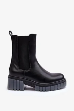 Damskie Boto Skórzane Botki Sztyblety Na Grubej Podeszwie Czarne Apetrius