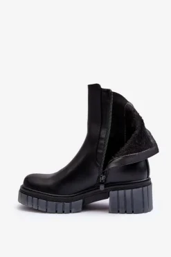 Damskie Boto Skórzane Botki Sztyblety Na Grubej Podeszwie Czarne Apetrius