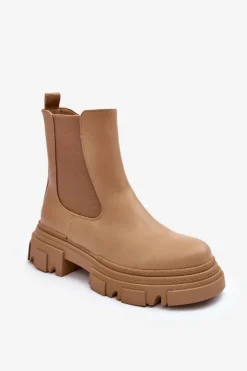 Online Boto Skórzane Botki Sztyblety Na Płaskim Obcasie i Platformie Beżowe Solita