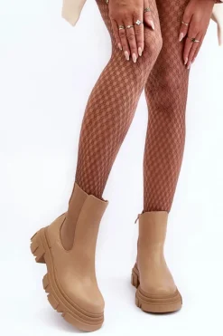 Online Boto Skórzane Botki Sztyblety Na Płaskim Obcasie i Platformie Beżowe Solita