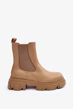 Online Boto Skórzane Botki Sztyblety Na Płaskim Obcasie i Platformie Beżowe Solita