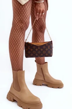 Online Boto Skórzane Botki Sztyblety Na Płaskim Obcasie i Platformie Beżowe Solita