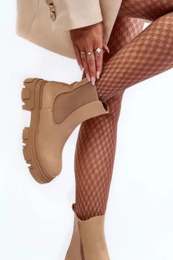 Online Boto Skórzane Botki Sztyblety Na Płaskim Obcasie i Platformie Beżowe Solita