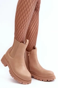 Damskie Boto Skórzane Botki Sztyblety Na Suwak Ciemnobeżowe Pitrese