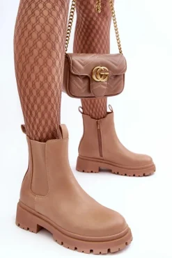 Damskie Boto Skórzane Botki Sztyblety Na Suwak Ciemnobeżowe Pitrese