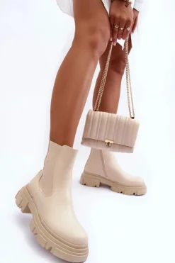 Damskie Boto Skórzane Botki Sztyblety Na Płaskim Obcasie i Platformie Jasnobeżowe Solita