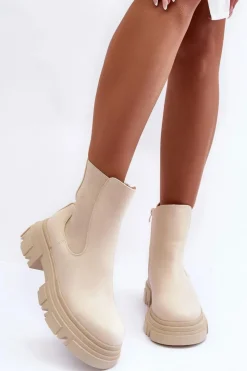 Damskie Boto Skórzane Botki Sztyblety Na Płaskim Obcasie i Platformie Jasnobeżowe Solita