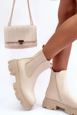 Damskie Boto Skórzane Botki Sztyblety Na Płaskim Obcasie i Platformie Jasnobeżowe Solita