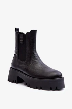 Damskie Boto Skórzane Botki Sztyblety Na Masywnej Platformie Czarne Lemar Lisencca