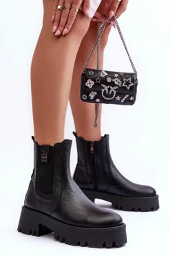 Damskie Boto Skórzane Botki Sztyblety Na Masywnej Platformie Czarne Lemar Lisencca