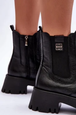 Damskie Boto Skórzane Botki Sztyblety Na Masywnej Platformie Czarne Lemar Lisencca