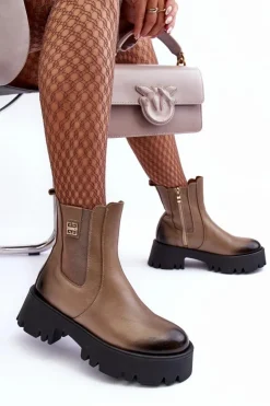 Damskie Boto Skórzane Botki Sztyblety Na Masywnej Platformie Beżowe Lemar Lisencca