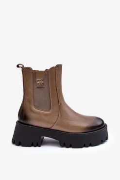 Damskie Boto Skórzane Botki Sztyblety Na Masywnej Platformie Beżowe Lemar Lisencca