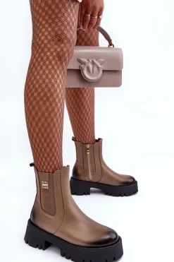 Damskie Boto Skórzane Botki Sztyblety Na Masywnej Platformie Beżowe Lemar Lisencca