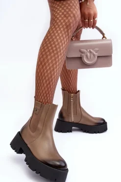 Damskie Boto Skórzane Botki Sztyblety Na Masywnej Platformie Beżowe Lemar Lisencca