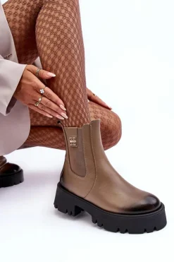 Damskie Boto Skórzane Botki Sztyblety Na Masywnej Platformie Beżowe Lemar Lisencca