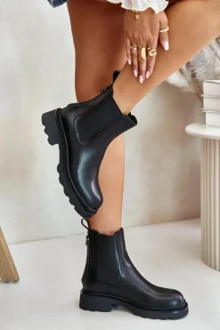 Damskie buty S.Barski Skórzane Botki Sztyblety Z Ozdobnym Łańcuchem Ocieplane D&A JC42-86 Czarne