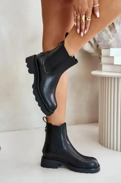 Damskie buty S.Barski Skórzane Botki Sztyblety Z Ozdobnym Łańcuchem Ocieplane D&A JC42-86 Czarne