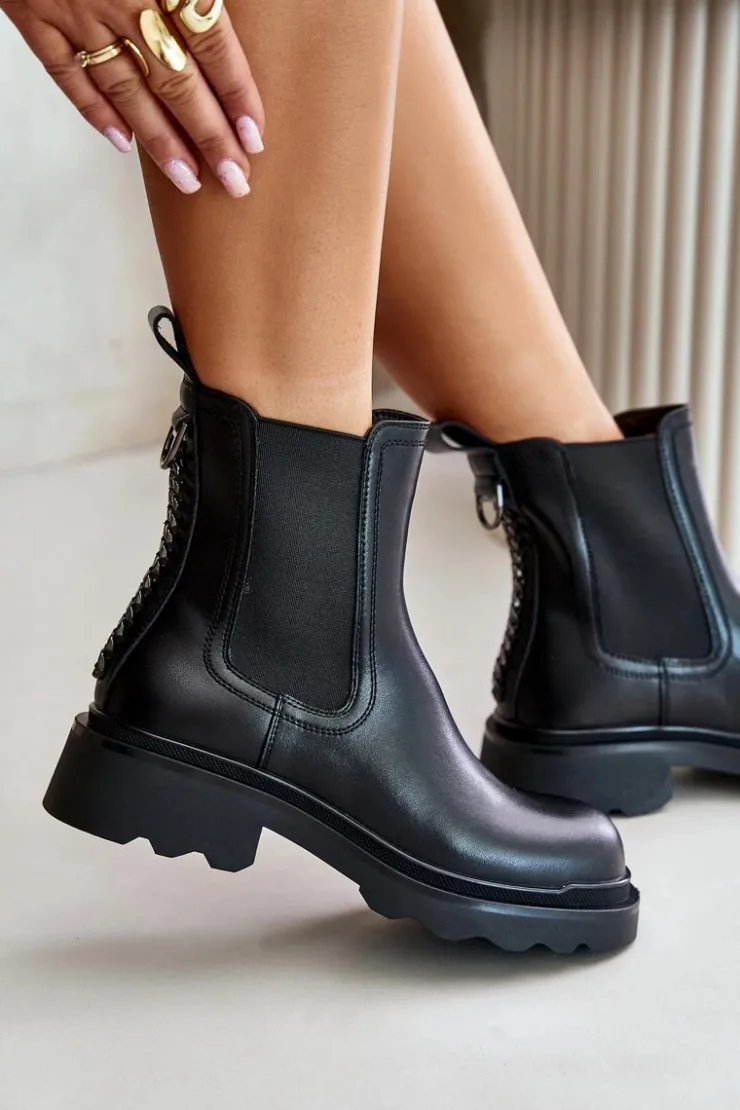 Damskie buty S.Barski Skórzane Botki Sztyblety Z Ozdobnym Łańcuchem Ocieplane D&A JC42-86 Czarne