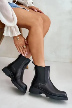 Damskie buty S.Barski Skórzane Botki Sztyblety Z Ozdobnym Łańcuchem Ocieplane D&A JC42-86 Czarne