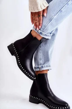Damskie Boto Skórzane Botki Sztyblety Z Perełkami Czarne Jilanna