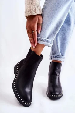 Damskie Boto Skórzane Botki Sztyblety Z Perełkami Czarne Jilanna
