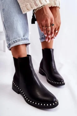 Damskie Boto Skórzane Botki Sztyblety Z Perełkami Czarne Jilanna