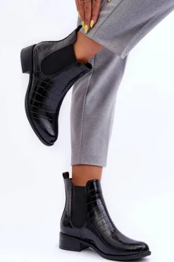 Boto Czarne Botki|Botki Zimowe Damskie*Skórzane Botki Sztyblety Zwierzęcy Wzór Czarne Daina