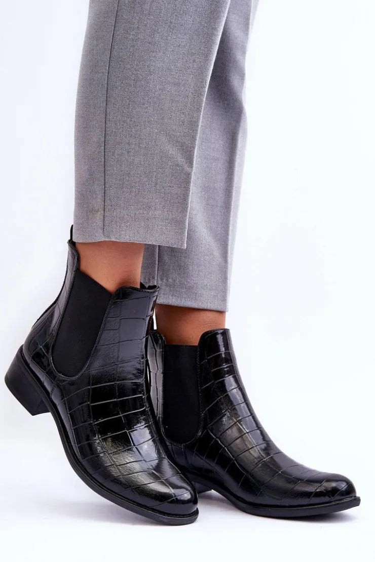 Boto Czarne Botki|Botki Zimowe Damskie*Skórzane Botki Sztyblety Zwierzęcy Wzór Czarne Daina