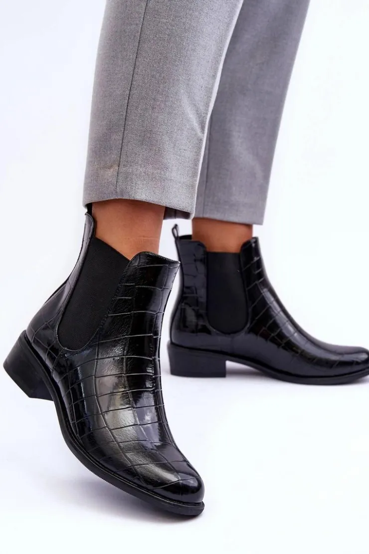 Boto Czarne Botki|Botki Zimowe Damskie*Skórzane Botki Sztyblety Zwierzęcy Wzór Czarne Daina