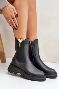 CheBello Botki Ocieplane|Botki Skórzane*Skórzane Botki Sztyblety z Ozdobą 4537 Czarne