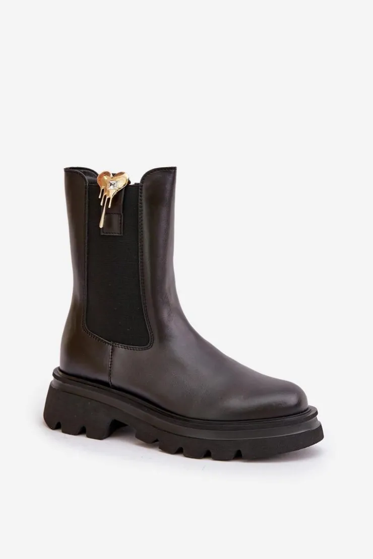 CheBello Botki Ocieplane|Botki Skórzane*Skórzane Botki Sztyblety z Ozdobą 4537 Czarne