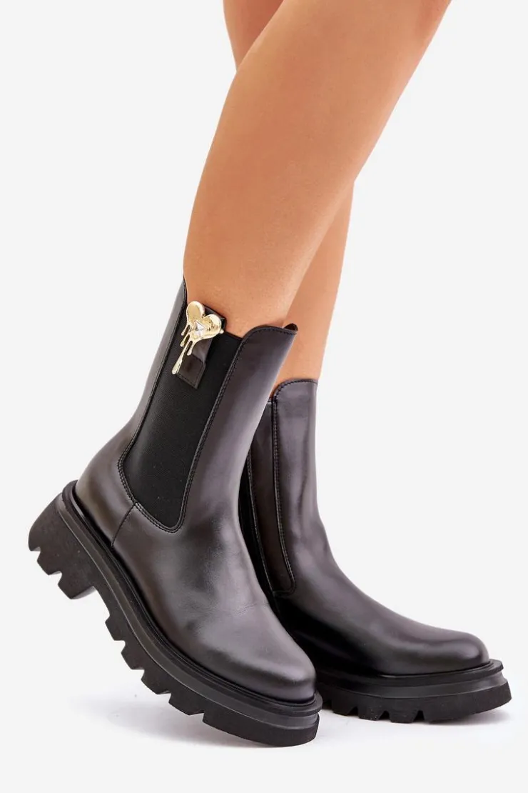 CheBello Botki Ocieplane|Botki Skórzane*Skórzane Botki Sztyblety z Ozdobą 4537 Czarne