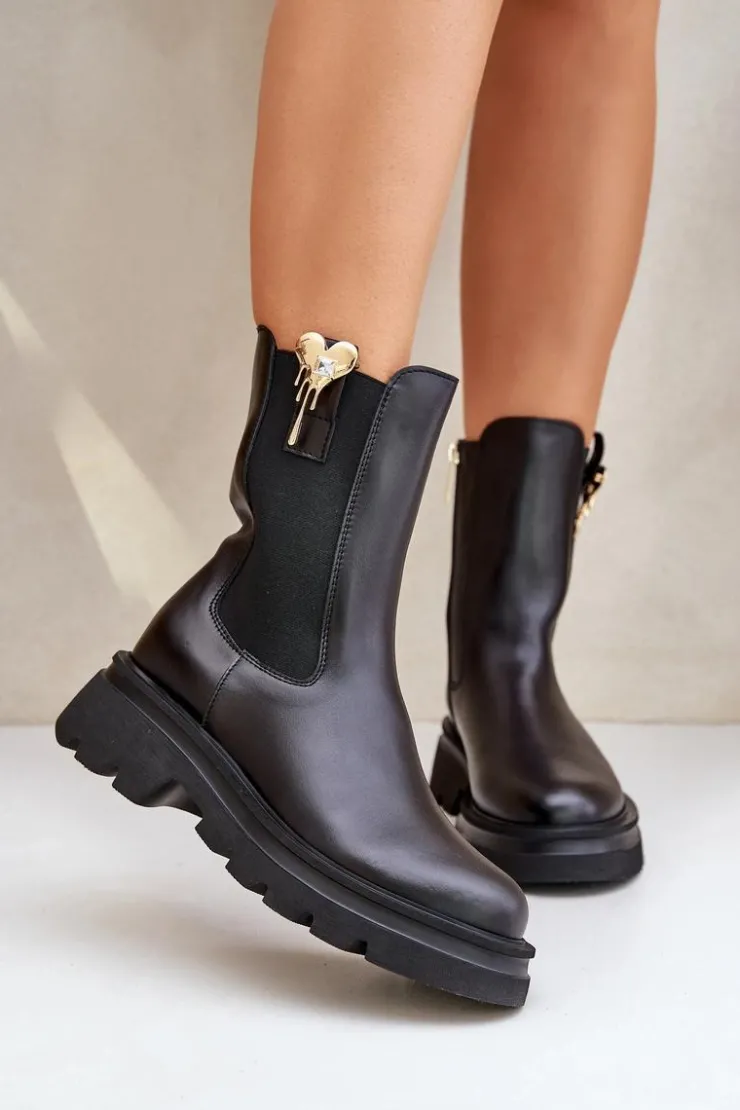 CheBello Botki Ocieplane|Botki Skórzane*Skórzane Botki Sztyblety z Ozdobą 4537 Czarne