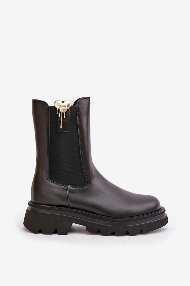 CheBello Botki Ocieplane|Botki Skórzane*Skórzane Botki Sztyblety z Ozdobą 4537 Czarne