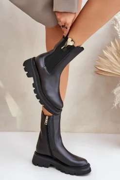 CheBello Botki Ocieplane|Botki Skórzane*Skórzane Botki Sztyblety z Ozdobą 4537 Czarne