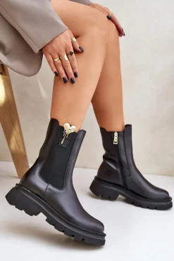 CheBello Botki Ocieplane|Botki Skórzane*Skórzane Botki Sztyblety z Ozdobą 4537 Czarne