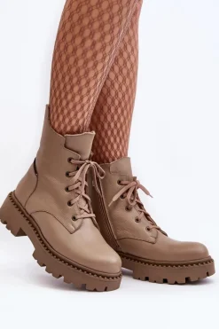 Clearance Zazoo Skórzane Botki Trapery Damskie Na Suwak 949P Ciemnobeżowe