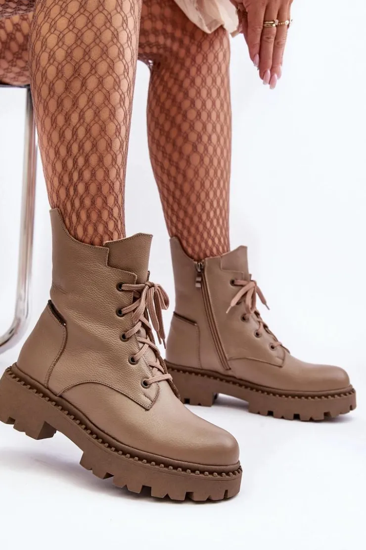 Clearance Zazoo Skórzane Botki Trapery Damskie Na Suwak 949P Ciemnobeżowe