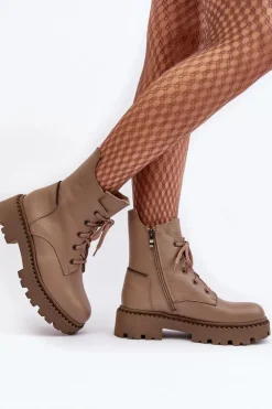 Clearance Zazoo Skórzane Botki Trapery Damskie Na Suwak 949P Ciemnobeżowe