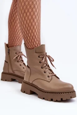 Clearance Zazoo Skórzane Botki Trapery Damskie Na Suwak 949P Ciemnobeżowe