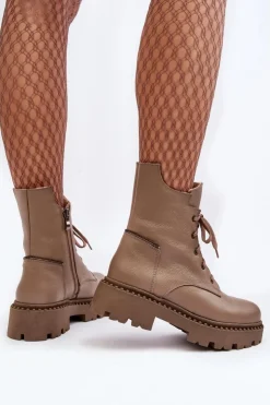 Clearance Zazoo Skórzane Botki Trapery Damskie Na Suwak 949P Ciemnobeżowe