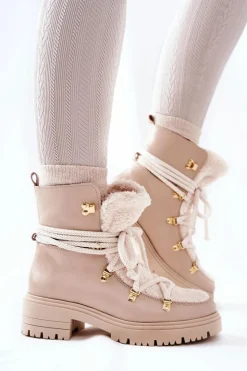 Boto Damskie Trapery|Botki Skórzane*Skórzane Botki Trapery Wiązane Lewski Jasnobeżowe 3116 Beżowy