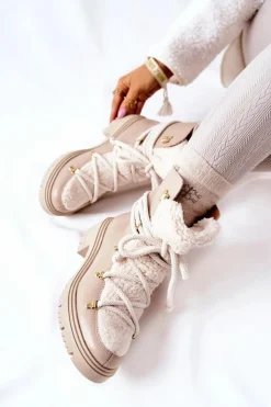 Boto Damskie Trapery|Botki Skórzane*Skórzane Botki Trapery Wiązane Lewski Jasnobeżowe 3116 Beżowy