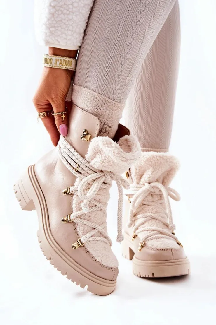 Boto Damskie Trapery|Botki Skórzane*Skórzane Botki Trapery Wiązane Lewski Jasnobeżowe 3116 Beżowy